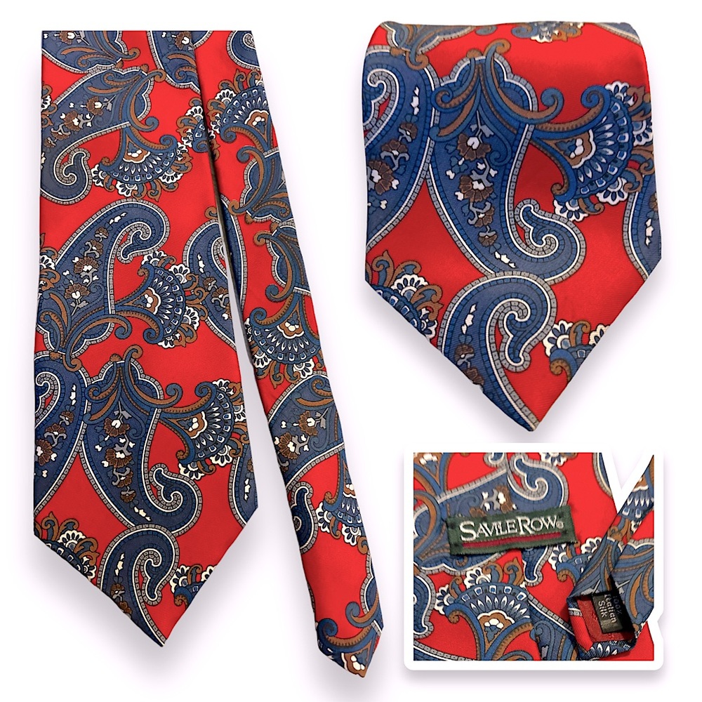 Savile Row 100% Silk Red Paisley Tie Italian Silk Navy Blue